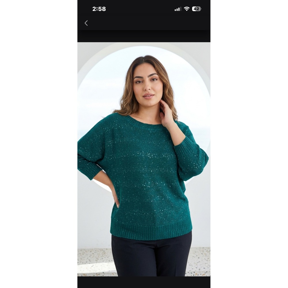 New Directions Women Teal Green Sequin Metallic Knit Dolman Sleeve Sweater M